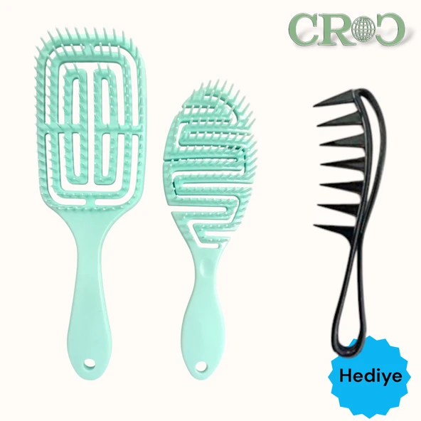 Croc Saç Fırçası Seti 2li Yeşil - Saç Açıcı Fırça, 3D Detangler Brush - Tarak Hediyeli ürün görseli 1