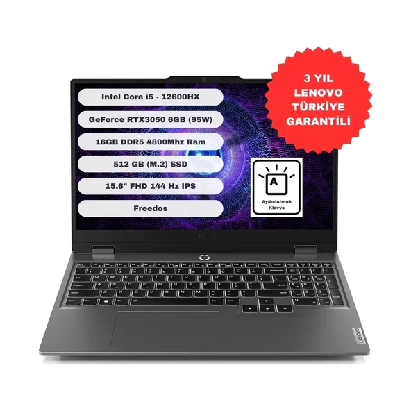 Loq 15IAX9 GTI16 Intel Core I5 12600HX 16GB 512GB SSD RTX3050 Freedos 15.6" Fhd 83GS00PDTR ürün görseli 1