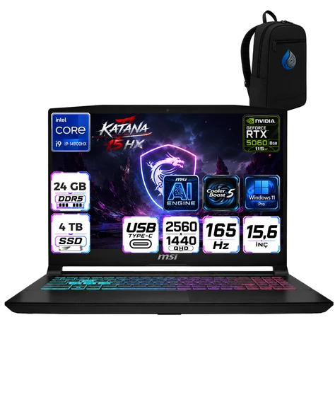 Msı Katana 15 Hx Intel Core I9 14900HX 24 GB DDR5 4 TB SSD Windows 11 Pro RTX5060 8GB 115W 15.6'' 2K QHD(2560X1440) 165Hz Gaming Laptop B14WFK-450XTRRNP08+ÇANTA ürün görseli 1