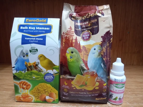 Eurogold Yavru Muhabbet Yemi 500 Gr+Euro Gold Ballı Yumurtalı Kuş Maması 100 Gr+BİRDWORL KUŞLAR İÇİN A,D,C VE E İÇERİKLİ VİTAMİN DAMLASI 30 ML ürün görseli 1