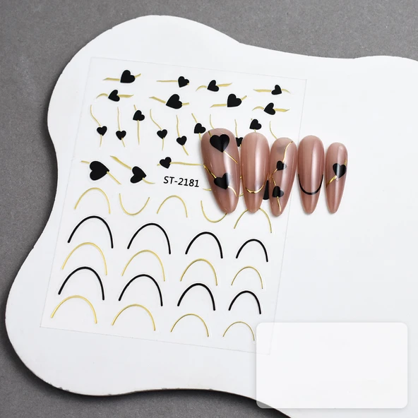 Gold Kalp ve Şerit Tırnak Sticker Kalp Tırnak Etiketi Nail Art 2181G ürün görseli 1