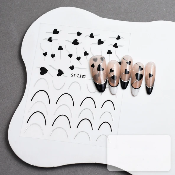 Gümüş Kalp ve Şerit Tırnak Sticker Kalp Tırnak Etiketi Nail Art 2181S ürün görseli 1