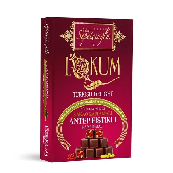 Sepetçioğlu KASTAMONU MEŞHUR Kakao Kaplamalı Antep Fıstıklı Nar Aromalı Çifte Kavrulmuş Lokum 200G ürün görseli 1