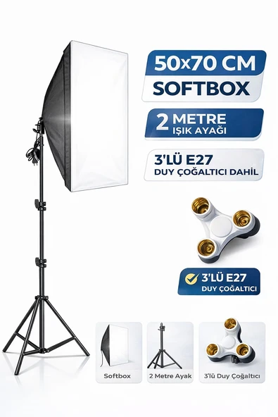 Rabsev Softbox 50x70Cm Sürekli Işık Seti 2 Metre Ayaklı 3'lü E27 Duylu Ürün Fotoğraf Çekim Işığı ürün görseli 1