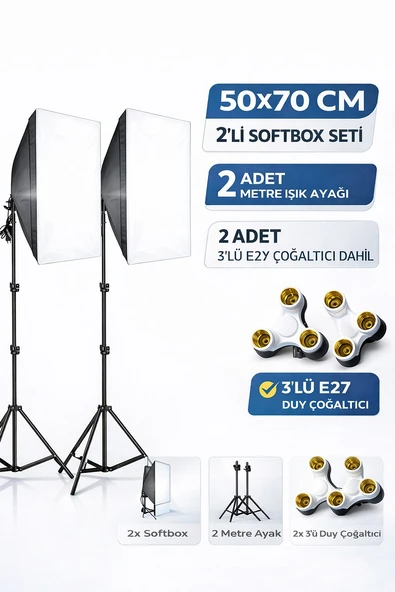 Rabsev Softbox İkili Set 50x70Cm Sürekli Işık Seti 2 Metre Ayaklı 3'lü E27 Duylu Ürün Fotoğraf Çekim Işığı ürün görseli 1