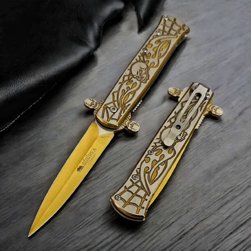 Katlanabilir Gold KuruKafa Desenli Yarı Otomatik Yaylı Çakı 21 cm ürün görseli 1