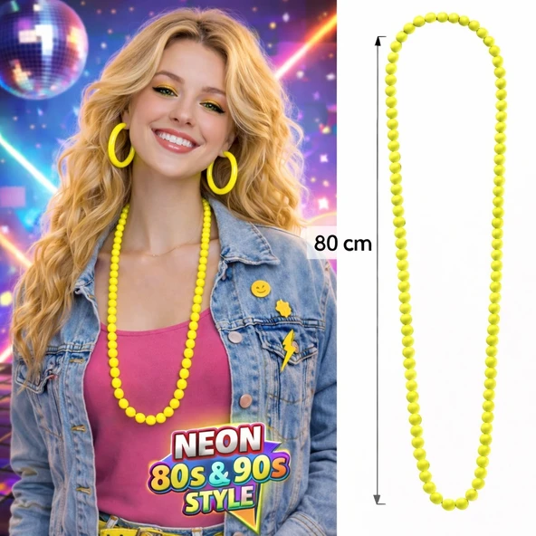 Neon Sarı Boncuk Kolye 80 cm – Retro 80’ler 90’lar Parti Aksesuarı ürün görseli 1