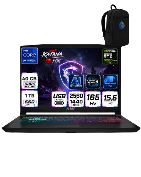 Msı Katana 15 Hx Intel Core I9 14900HX 40 GB DDR5 1 TB SSD Windows 11 Pro RTX5060 8GB 115W 15.6'' 2K QHD(2560X1440) 165Hz Gaming Laptop B14WFK-450XTRRNP14+ÇANTA ürün görseli 1