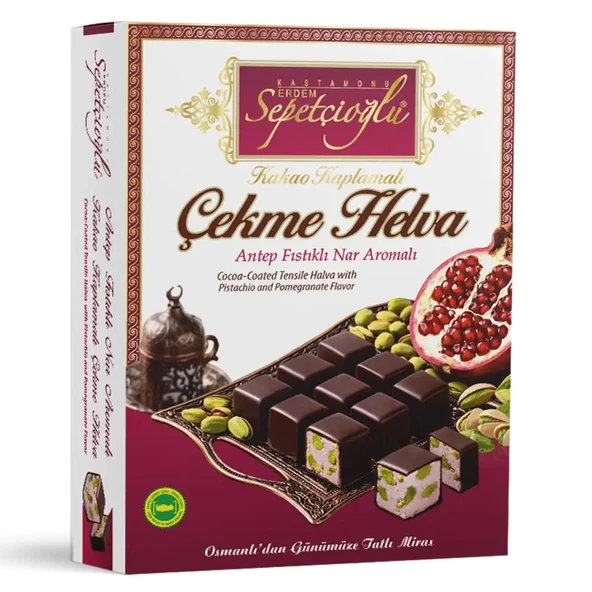 Sepetçioğlu KASTAMONU MEŞHUR Kakao Kaplamalı Antep Fıstıklı Nar Aromalı Çekme Helva 80G ürün görseli 1