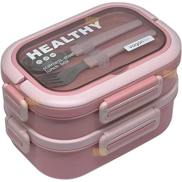 Vagonlife Bento 1650ml Paslanmaz Çelik 2 Katlı 3 Bölmeli Çatal ve Kaşıklı Yemek Kutusu Pembe ürün görseli 1
