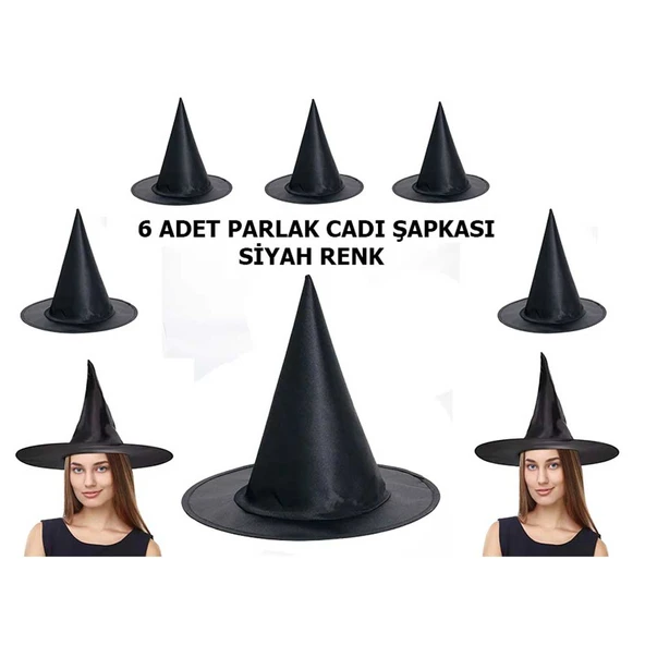 Halloween Siyah Renk Parlak Dralon Cadı Şapkası Yetişkin ve Çocuk Uyumlu 6 Adet ürün görseli 1