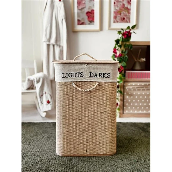 Akayev Beige Hasır 2 Bölmeli Çamaşır Sepeti (Yükseklik 60cm) ürün görseli 1