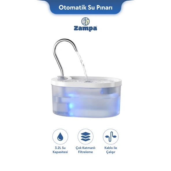 Zampa Zampa Kedi ve Köpekler İçin Oval Otomatik Su Pınarı 3.2 Litre ürün görseli 1
