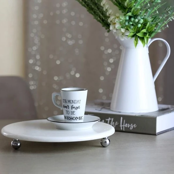 Akayev Mermer Beyaz 25 Cm Gümüş Boncuk Ayak Yuvarlak Sunumluk ürün görseli 1