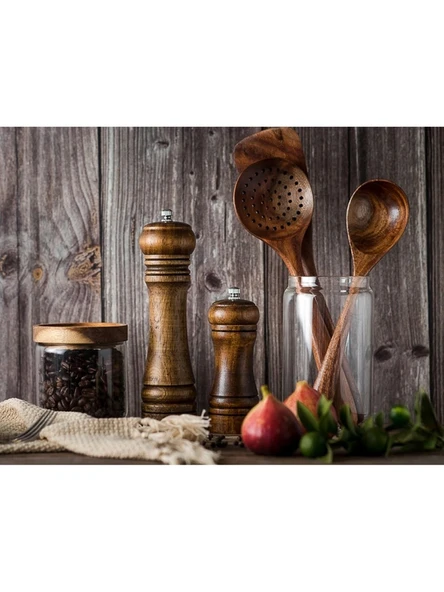 Ahşap Baharat Tuz Öğütücü Değirmen Tuzluk Baharatlık 14 cm ve 21 cm 2'li Set Kahverengi ürün görseli 1