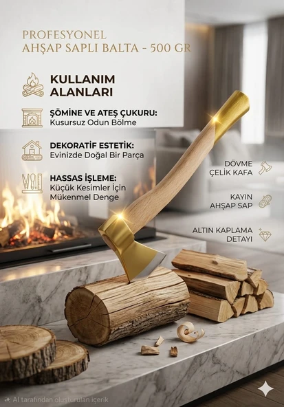 Altın Detaylı Profesyonel Kayın Saplı Balta - 500 Gr ürün görseli 1