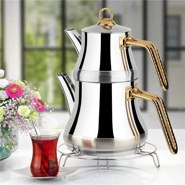Lines Naz Çelik Çaydanlık Takımı Altın Kulp Mini Boy ürün görseli 1