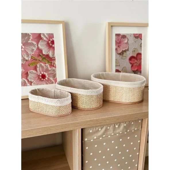 Akayev Beige Hasır 3Lü Oval Sepet ürün görseli 1