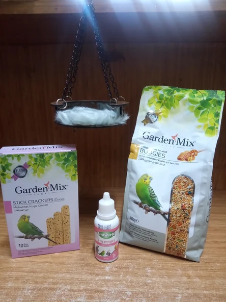 Gardenmix Platin Ballı Muhabbet Kuş Yemi 1kg+SADE 10'LU KRAKER+A,D,C VE E VİTAMİN DAMLASI+ZİNCİR ASKILI KUŞ YATAĞI ürün görseli 1