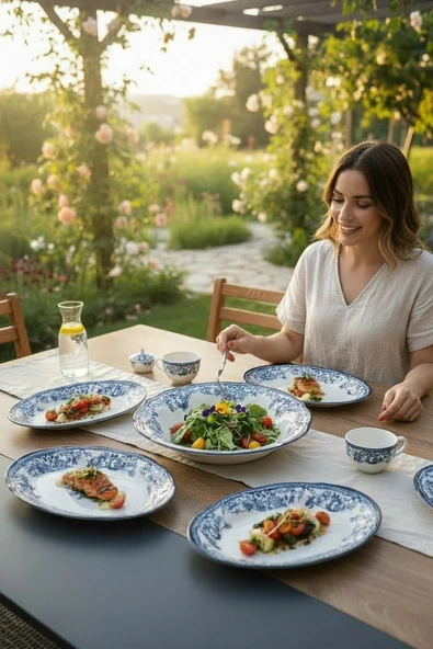 Akayev Porselen Vintage Blue 5 Parça Salata Kayık Servis Takımı Servis Takımı ürün görseli 1