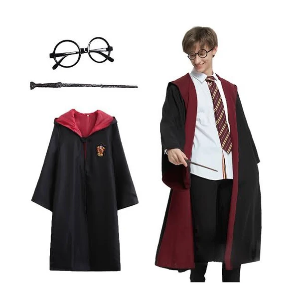 Harry Potter Gryffindor Kapişonlu Çocuk Kostüm + Asa + Gözlük Seti 11-12 Yaş ürün görseli 1