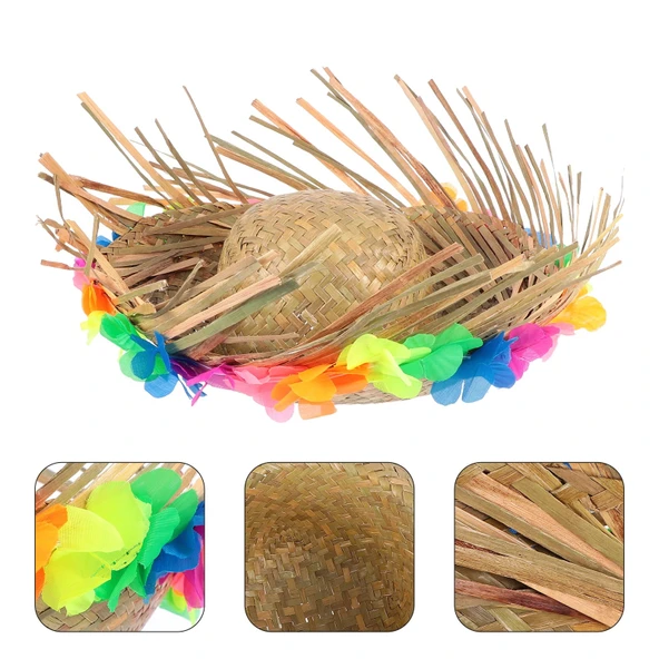 Natural Renkli Püsküllü Örme Hasır Hawaii Şapka - Resim 3