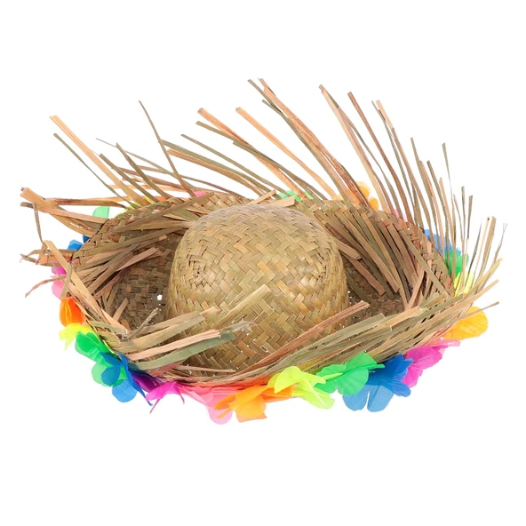 Natural Renkli Püsküllü Örme Hasır Hawaii Şapka - Resim 5