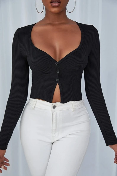 Kadın Siyah Uzun Kollu Düğmeli Göğüs ve Göbek Dekolteli Crop Top Bluz ürün görseli 1