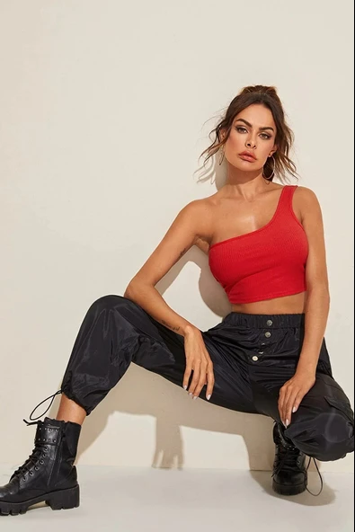 Kadın Kırmızı Tek Omuz Crop Büstiyer - Resim 6