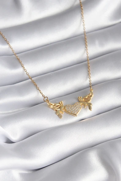316L Çelik Gold Renk Zirkon Taşlı Kanatlı Kalp Model Kadın Kolye TJ-BKO8290 ürün görseli 1