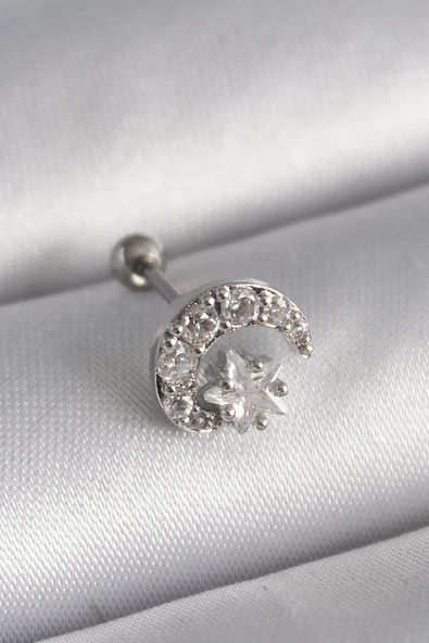 316L Çelik Gümüş Renk Zirkon Taşlı Ay Yıldız Tragus Piercing TJ-PR1257 ürün görseli 1