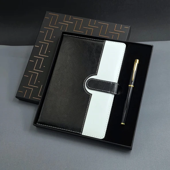 Siyah Beyaz Renkli Tarihsiz Ajanda Defter Ve Metal Roller Kalem Seti ürün görseli 1