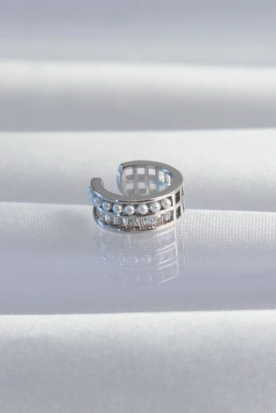 Pirinç Gümüş Renk İncili Baget Taşlı Earcuff Küpe TJ-BKP9338 ürün görseli 1