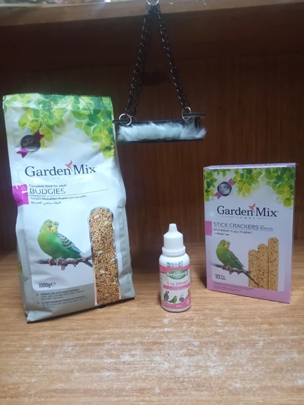 Gardenmix Platin Muhabbet Yemi 1kg+SADE 10'LU KRAKER+A,D,C VE E VİTAMİN DAMLASI+ZİNCİR ASKILI KUŞ YATAĞI ürün görseli 1