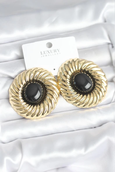 Pirinç Gold Renk Siyah Boncuklu Vintage Kadın Küpe TJ-BKP11388 ürün görseli 1