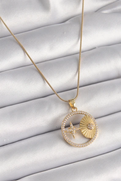 316L Çelik Gold Renk Zincir Zirkon Taşlı Yıldız İşleme Madalyon Model Kadın Kolye TJ-BKO9636 ürün görseli 1