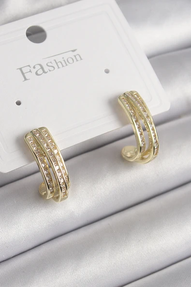 Pirinç Gold Renk Zirkon Taşlı Yarım Halka Model Kadın Küpe TJ-BKP9977 ürün görseli 1