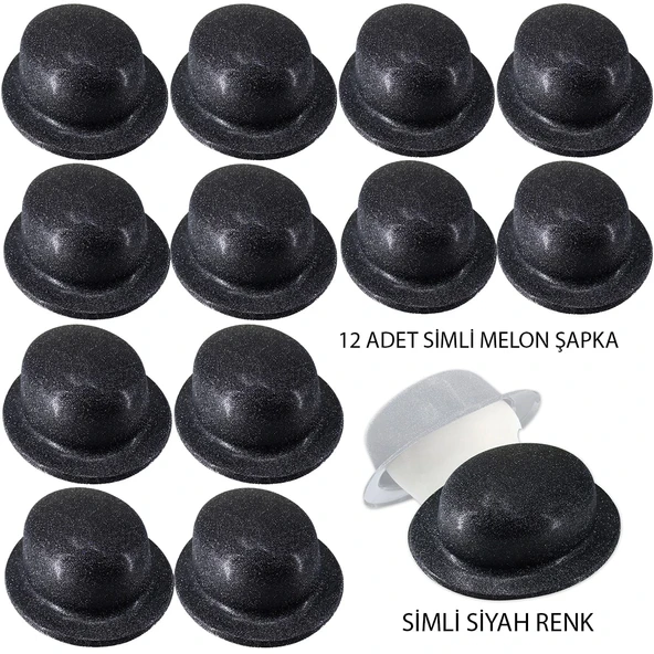 Siyah Renk Simli Melon Yuvarlak Parti Şapkası 12 Adet ürün görseli 1