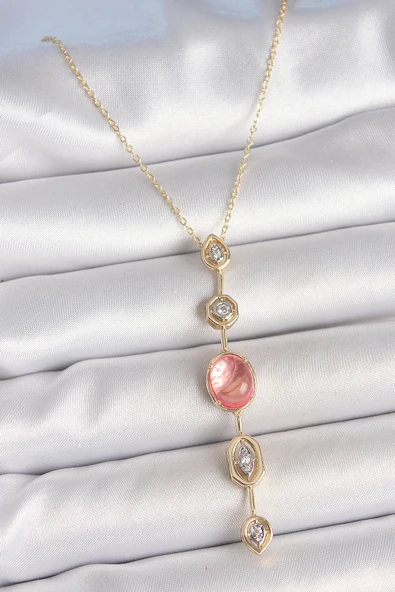 Pirinç Zincir Pembe Gold Renk Zirkon Taşlı Y Kolye TJ-BKO10231 ürün görseli 1