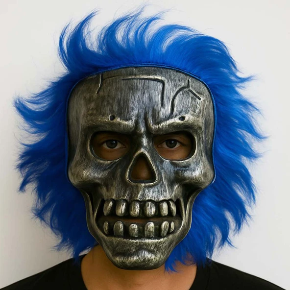 Wild Skull - Gümüş Kafatası Mavi Saçlı İskelet Maske ürün görseli 1