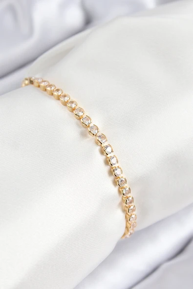 Pirinç Zirkon Taşlı Sıralı Model Gold Renk Asansörlü Kadın Bileklik TJ-BB7727 ürün görseli 1
