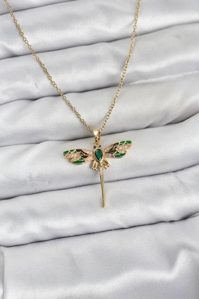 316L Çelik Zincir Gold Renk Yusufçuk Model Zirkon Taşlı Kadın Kolye TJ-BKO10833 ürün görseli 1