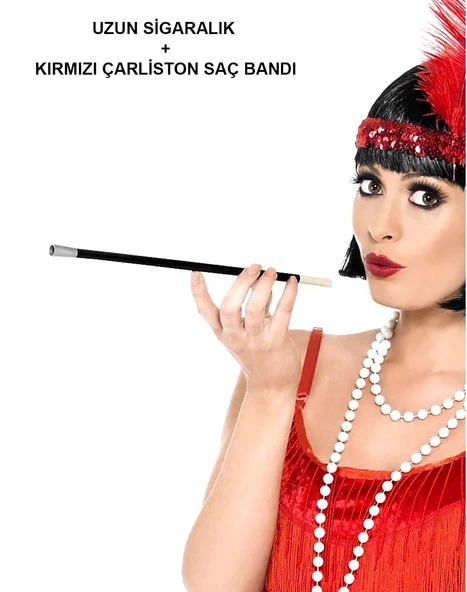 1920'ler 1990'lar Gatsby Kadın Aksesuar Seti – Kırmızı Charleston Saç Bandı Ve Sigaralık ürün görseli 1