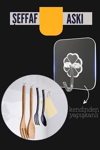 Şeffaf Yapışkanlı Askı, Mutfak Banyo Duvar Askısı, Çivisiz Pratik Kanca Seti ürün görseli 1