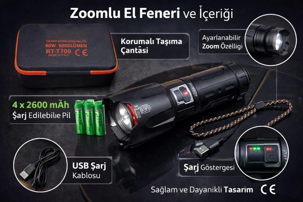 6000 Lümen 60W Şarjlı El Feneri - 2 KM Menzilli 10400 mAh Powerbank 4 Pilli Metal Fener RT-T709 ürün görseli 1