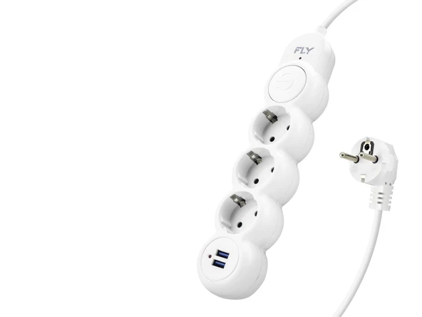 Termal Akım Korumalı Uzatma Kablosu 3 Priz + 2X Usb 2.1A Anahtarlı 2 M - Beyaz 3393-01 ürün görseli 1