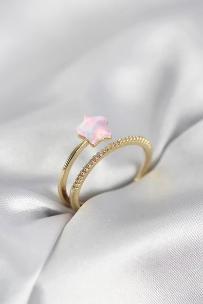 Gold Renk Zirkon Taşlı Pembe Halley Model Kadın Yüzük TJ-BYK4040 ürün görseli 1