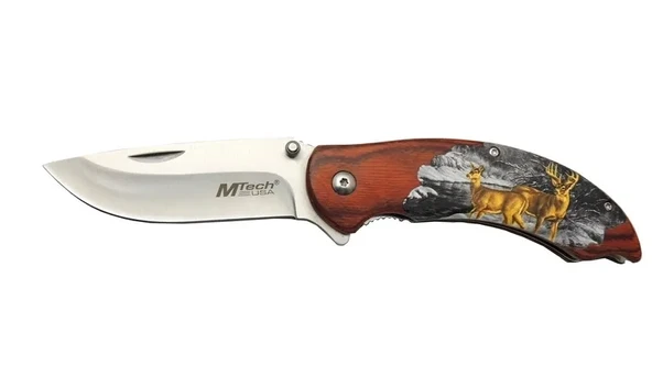 Mtech Y13 G Kahverengi Kamp Çakı 20cm- Yarı Otomatik, Kemerlkli, Ahşap Geyik İşlemeli Sap ürün görseli 1