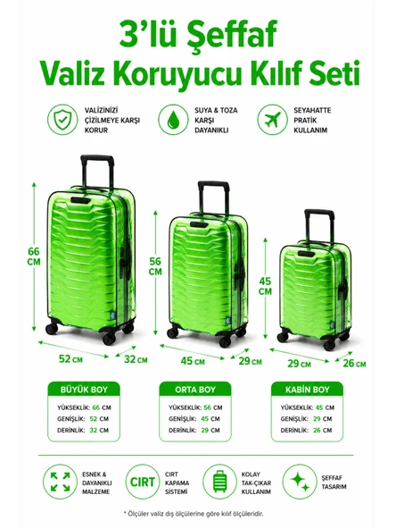 NEON * YEŞİL *  Şeffaf Valiz Koruyucu Kılıf Ve Bavul Koruyucu Kılıf - 3'l ü SET ( Büyük +Orta + Kabin ) ürün görseli 1