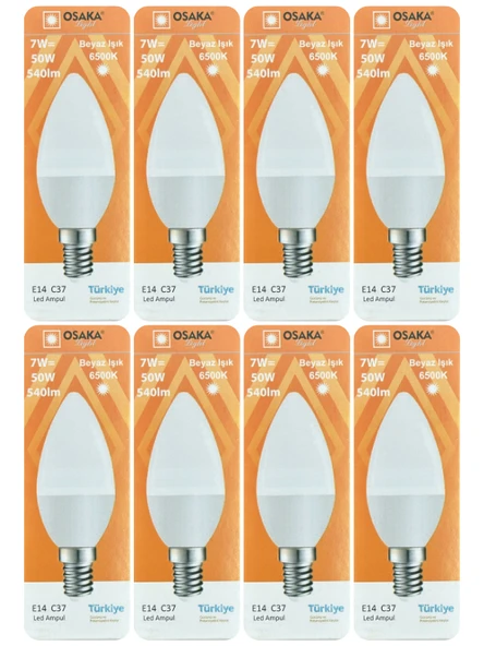 (8 Adet) Osaka 7W (50W) Beyaz Işık (6500K) E14 Duylu (İnce Duy) Led Mum Ampul ürün görseli 1